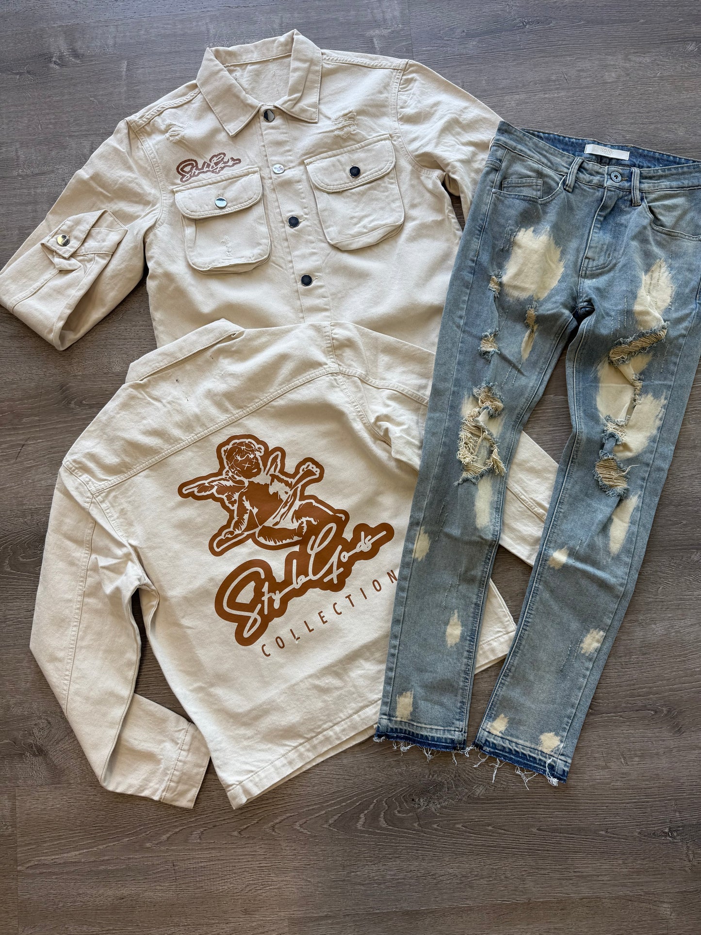StyleGods Denim Long Sleeve Crop Button up Shirt - Tan