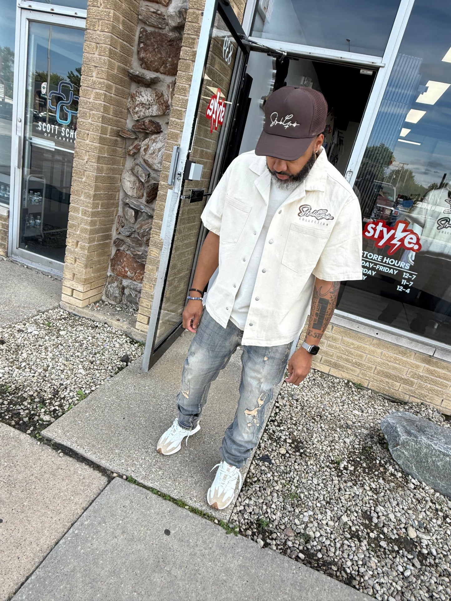 StyleGods Denim Crop Button up Shirt - Tan