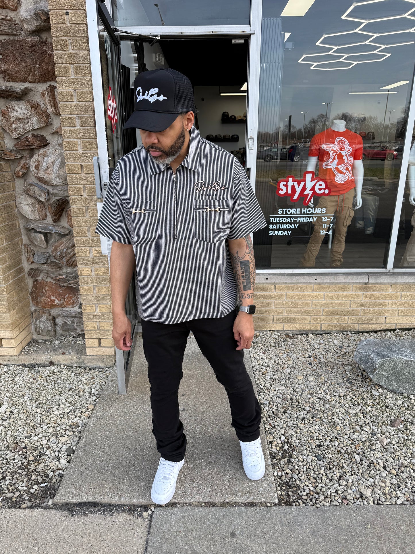 StyleGods Denim Crop Quarter Zip - Black/White