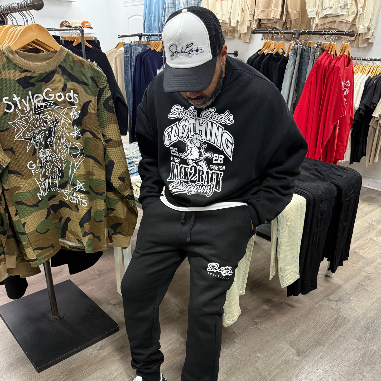 StyleGods Champions Crew Neck Crop Jogging Suit - Black\White