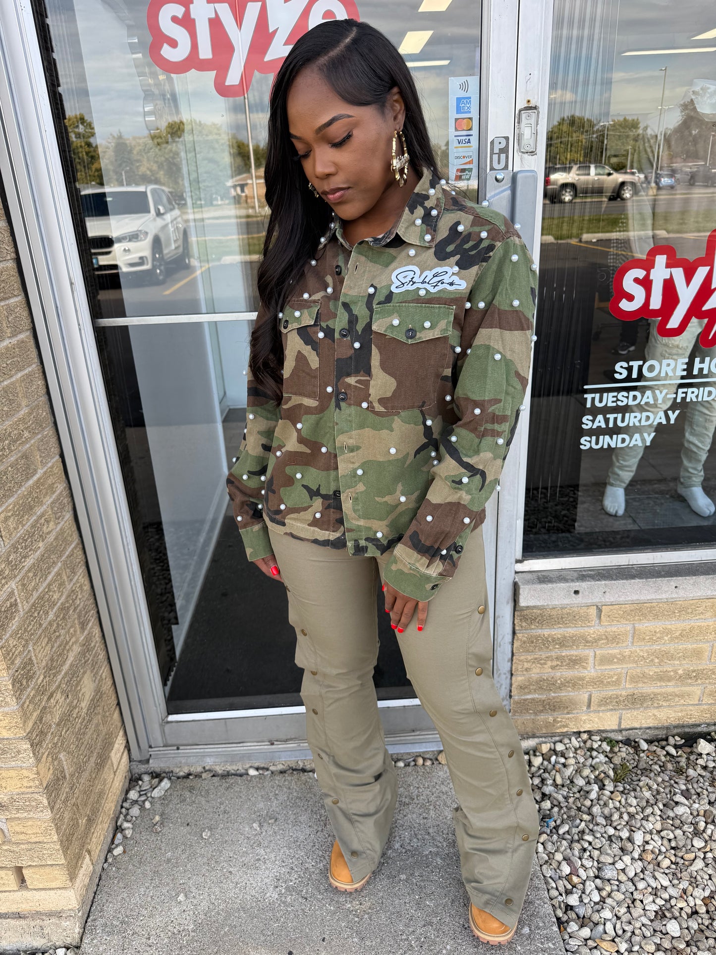 StyleGods Camo Pearl Flannel Crop Shirt - Olive\Brown\Black