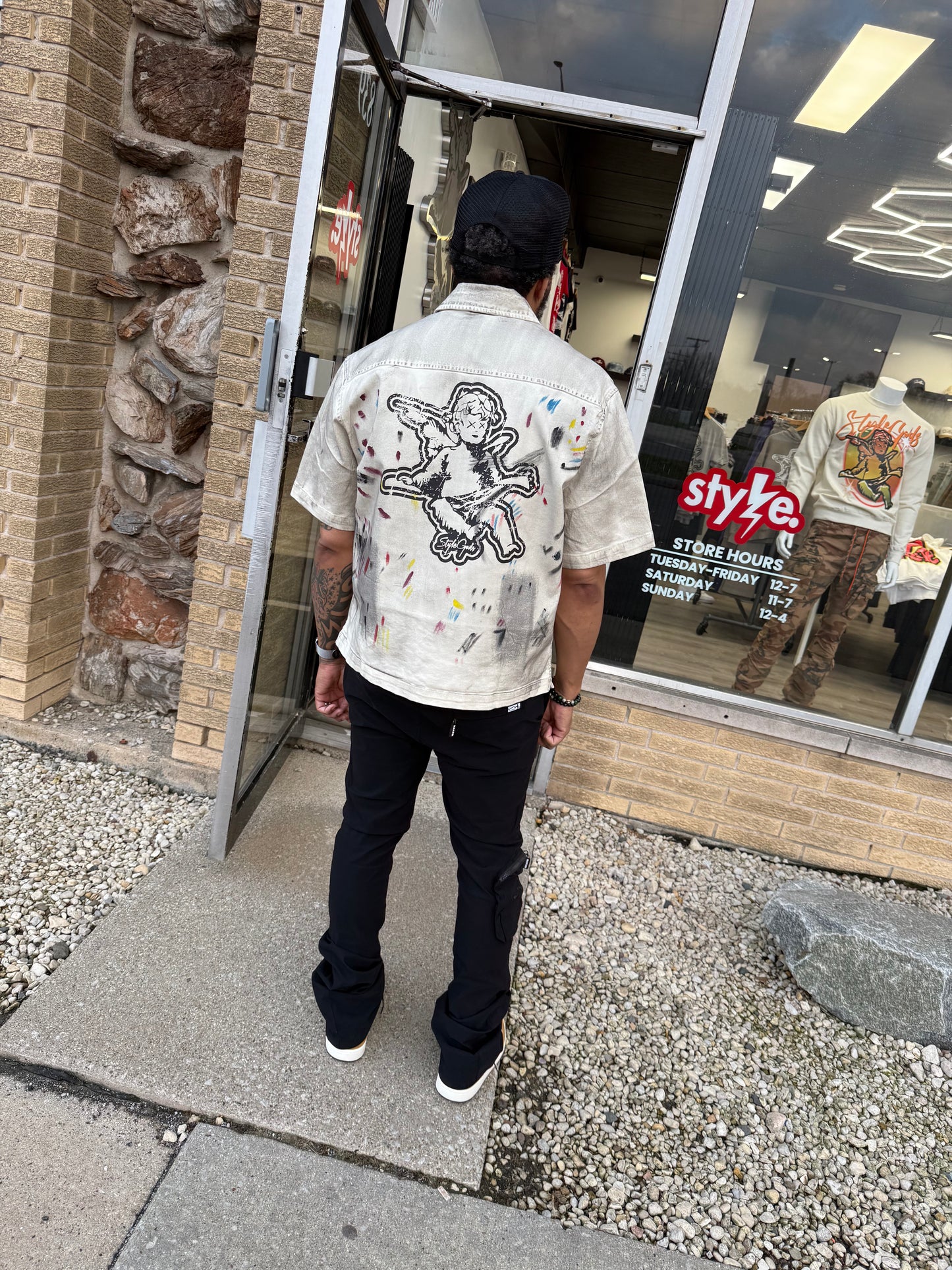 StyleGods Denim Crop Button UP - Off White\Multi