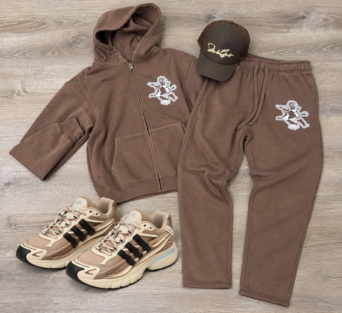 StyleGods Zip Up Over Sized Jogging Suit Brown