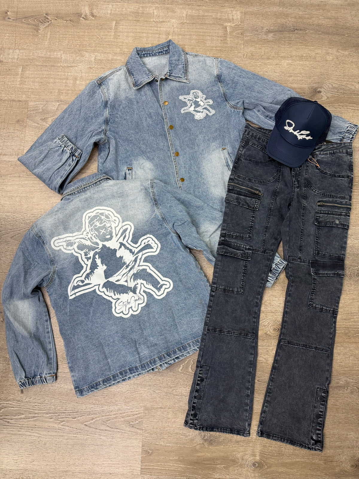 StyleGods Denim Angel Coach Jacket - Denim\White