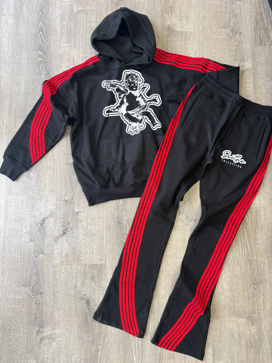 StyleGods Pullover Stacked Jogging Suit - Black\Red\White