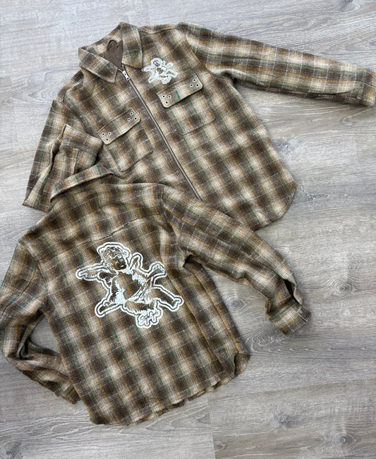 StyleGods Zip Up Flannel Crop Shirt - Brown