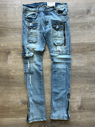 FWRD- Rip and Repair Denim Cargo STACKED FIT FW-33978B Ice Blue
