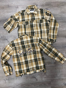 StyleGods Style Script Flannel Trucker Jacket - Olive/Tan/Brown
