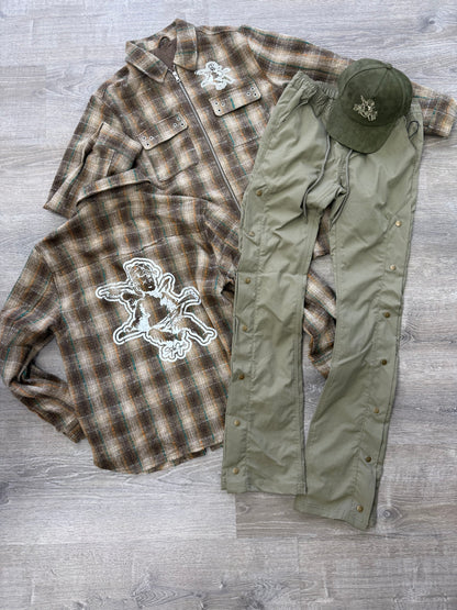 StyleGods Zip Up Flannel Crop Shirt - Brown