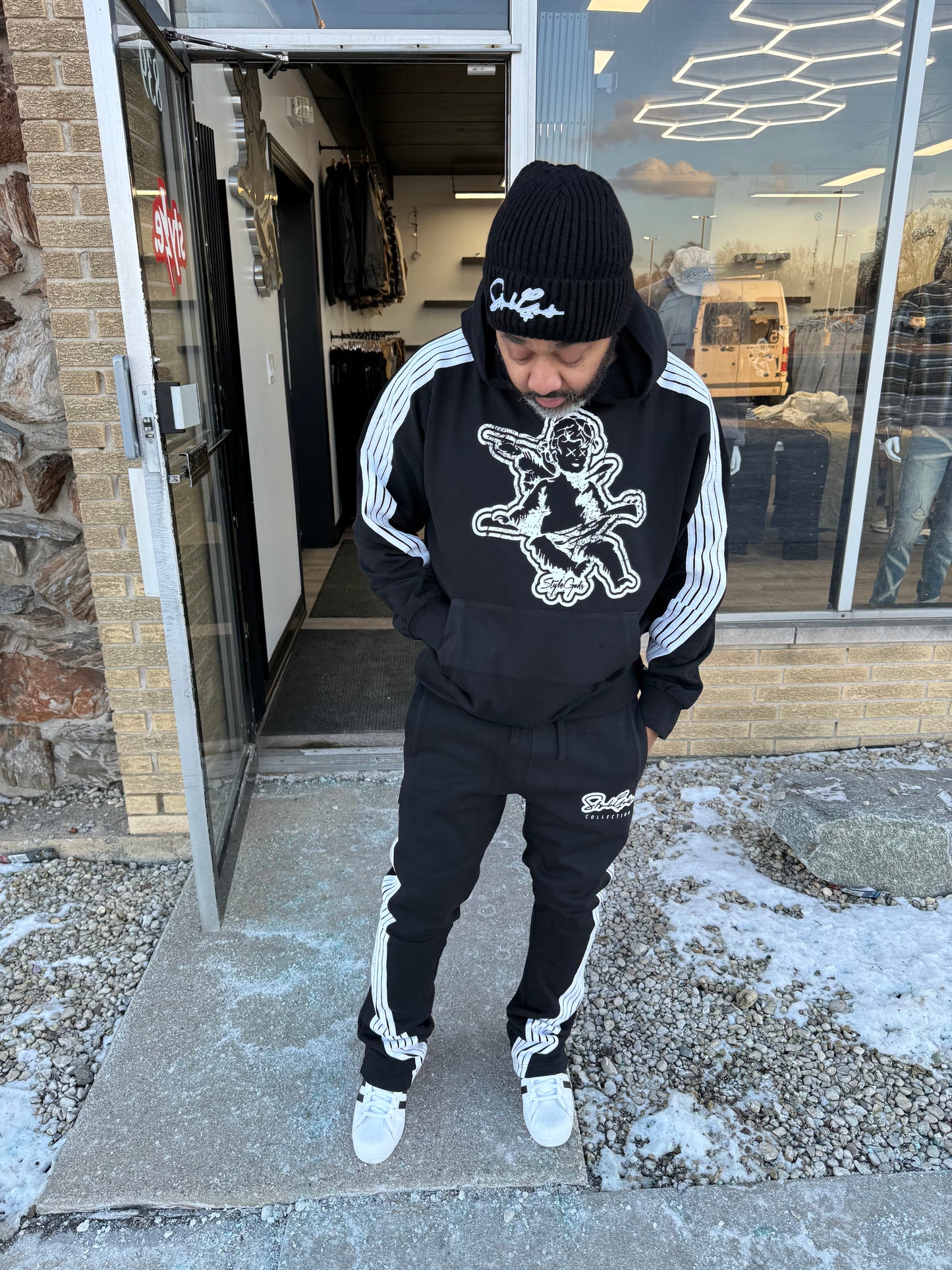 StyleGods Pullover Stacked Jogging Suit - Black