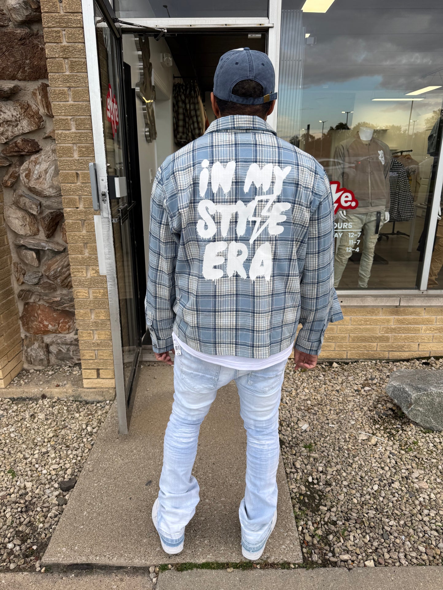 StyleGods Flannel Crop Shirt - Navy\White\Baby Blue