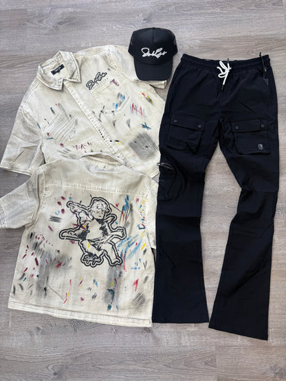 StyleGods Denim Crop Button UP - Off White\Multi