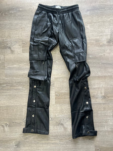 Leather Stacked Cargo Joggers - Black