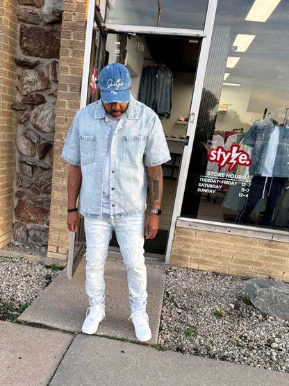 StyleGods Denim Crop Button up Shirt - Light Blue
