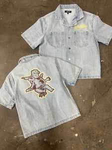 StyleGods Denim Crop Button up Shirt - Light Blue\Tan\Brown