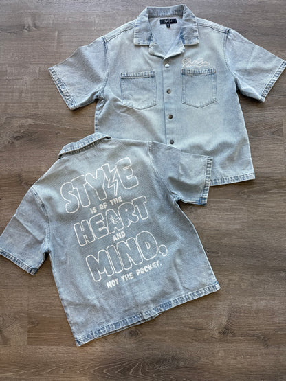 StyleGods Denim Crop Button up Shirt - Light Blue
