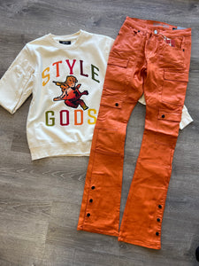 Bleeker and Mercer- Wax Denim Cargo STACKED FIT D605 - Burnt Orangeh