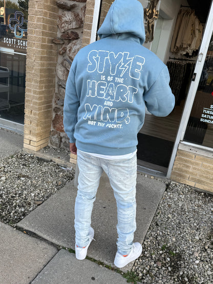 StyleGods Heart Oversized Hooded Rhinestone SweatShirt - Denim Blue\White