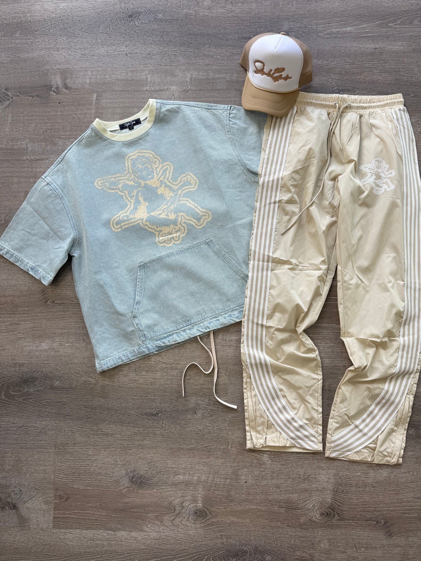 StyleGods Nylon Stacked Joggers- Cream