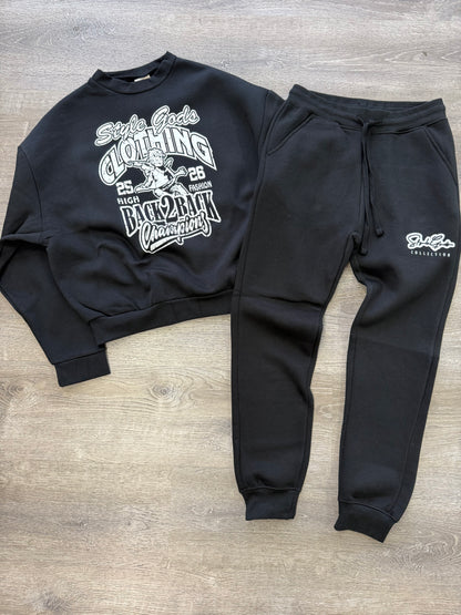 StyleGods Champions Crew Neck Crop Jogging Suit - Black\White