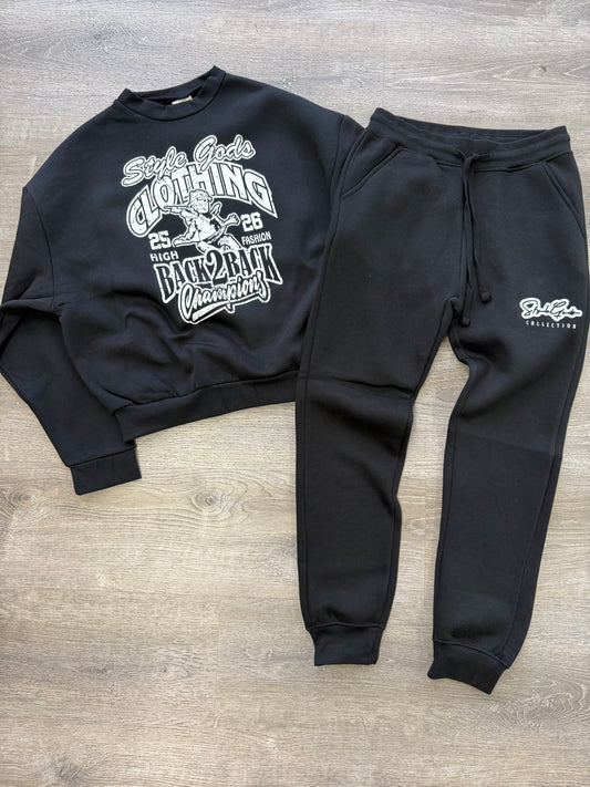 StyleGods Champions Crew Neck Crop Jogging Suit - Black\White