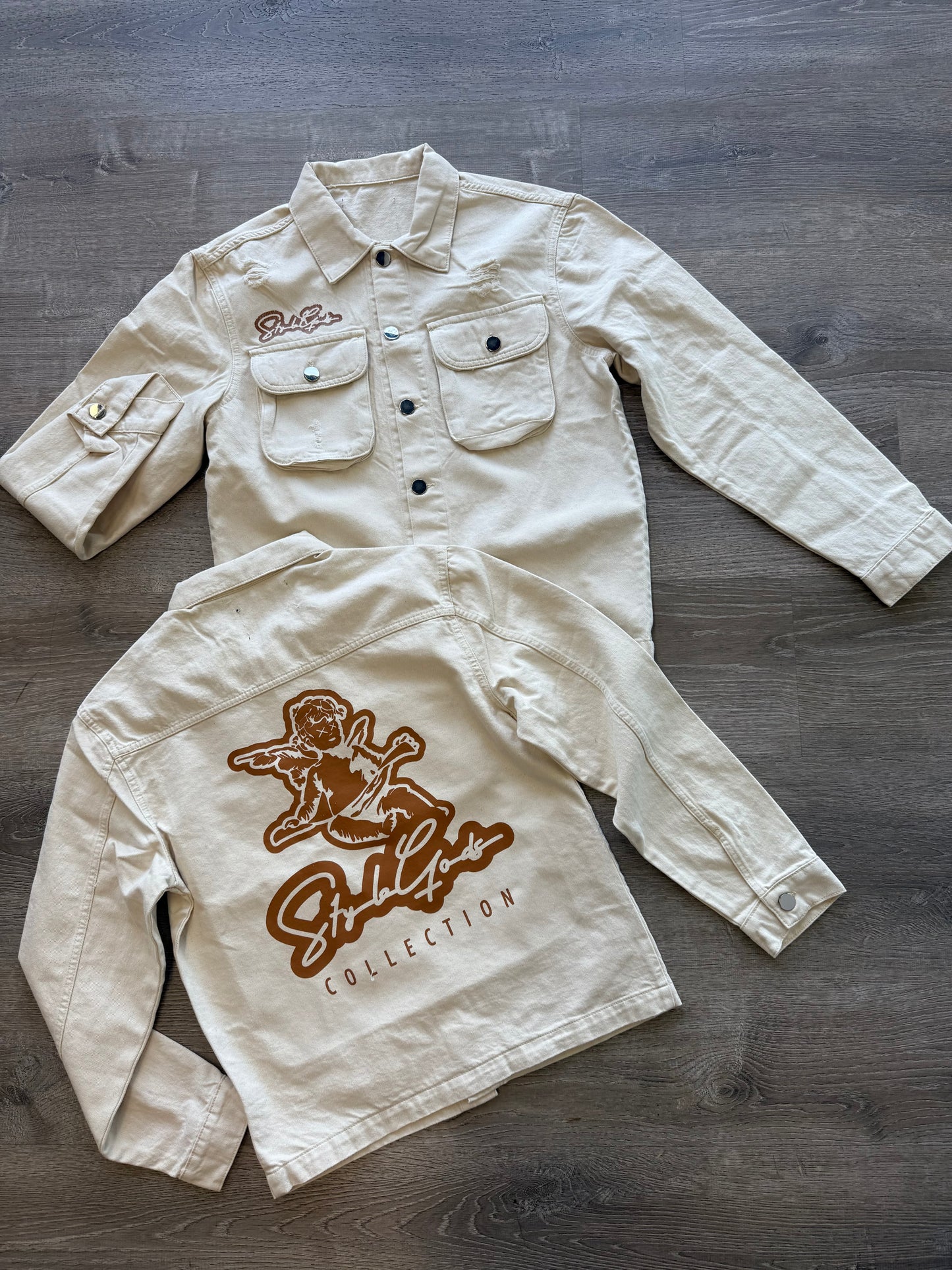 StyleGods Denim Long Sleeve Crop Button up Shirt - Tan