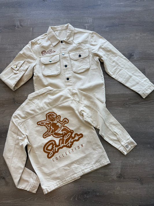StyleGods Denim Long Sleeve Crop Button up Shirt - Tan