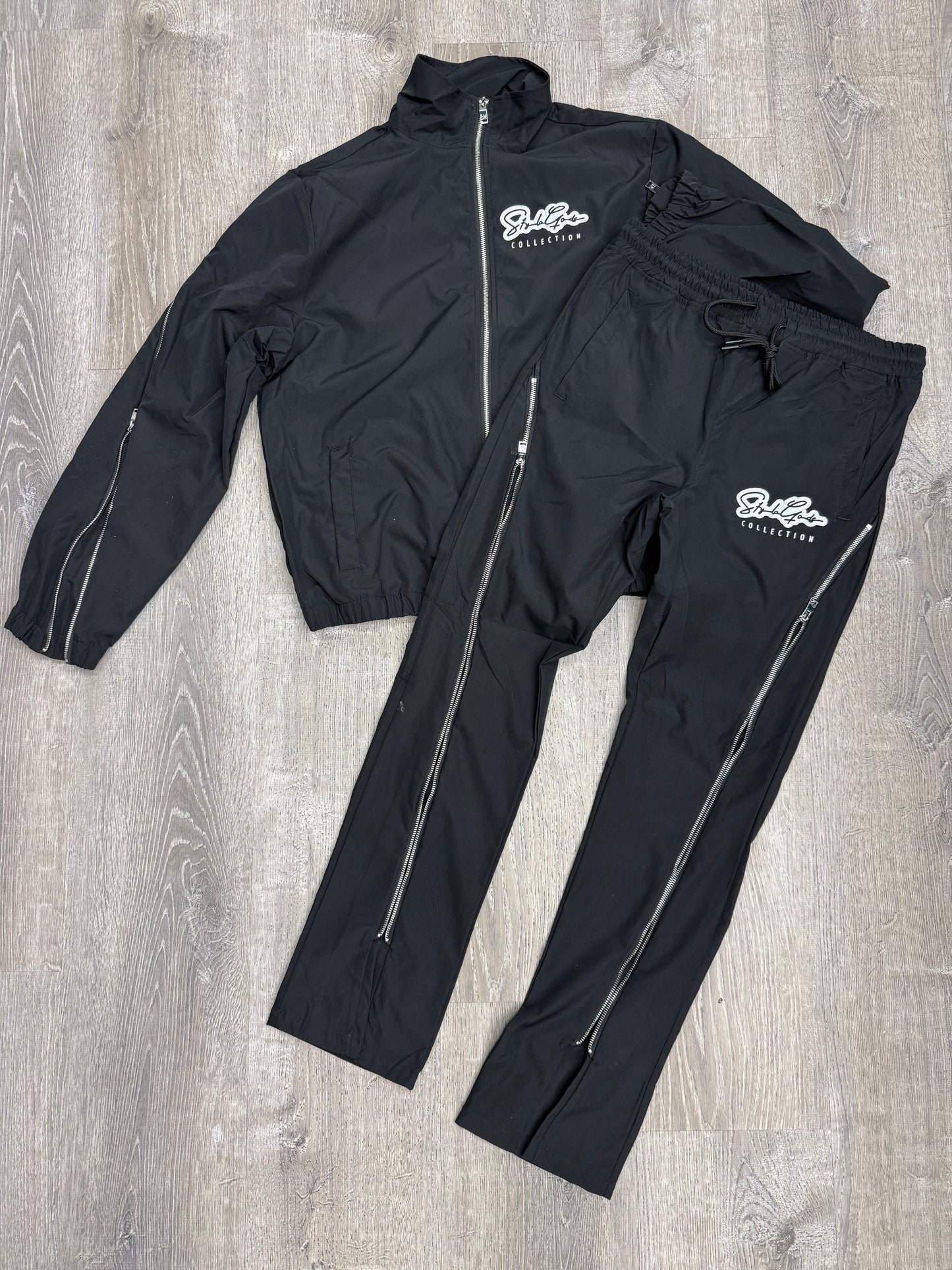 StyleGods Zip up Stacked Nylon tracksuit - Black