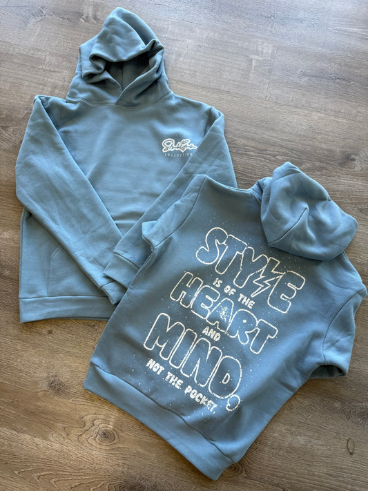 StyleGods Heart Oversized Hooded Rhinestone SweatShirt - Denim Blue\White