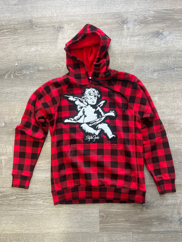 StyleGods Chenille Angel Plaid Hoodie - Red/Black