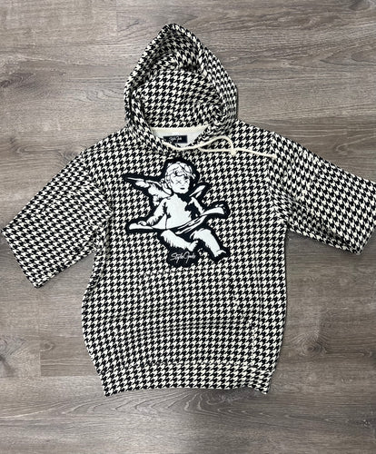 StyleGods Chenille Angel  Houndstooth Hoodie - White/Black