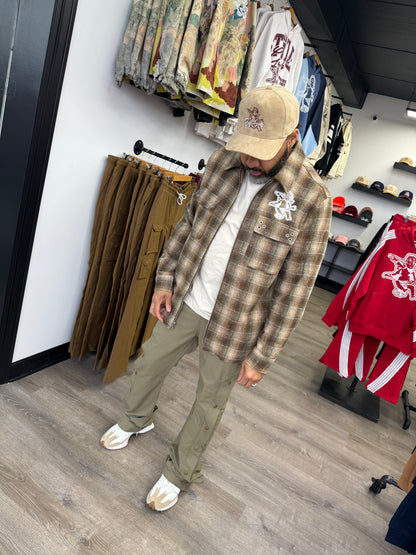 StyleGods Zip Up Flannel Crop Shirt - Brown