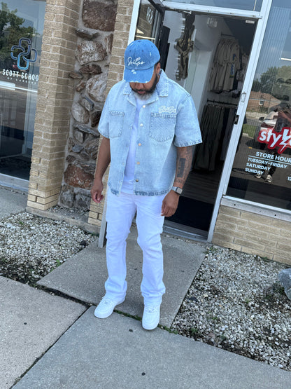StyleGods Denim Crop Button up Shirt - Light Blue