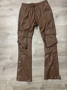 Leather Stacked Cargo Joggers - Brown