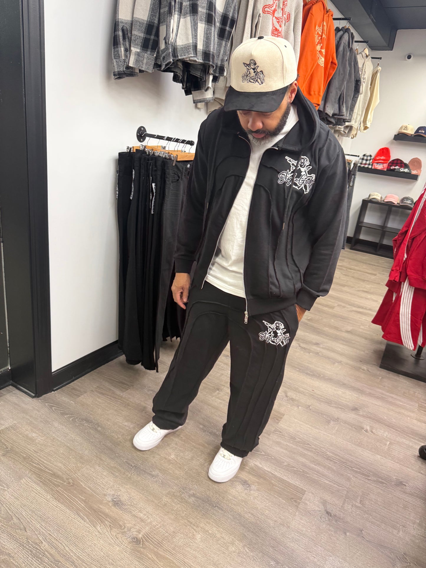 StyleGods Zip Up Wide Leg Jogging Suit - Black\White