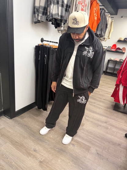 StyleGods Zip Up Wide Leg Jogging Suit - Black\White