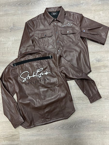 StyleGods Leather Shirt -Brown/Ivory/Black