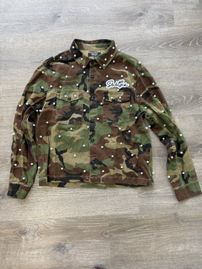 StyleGods Camo Pearl Flannel Crop Shirt - Olive\Brown\Black