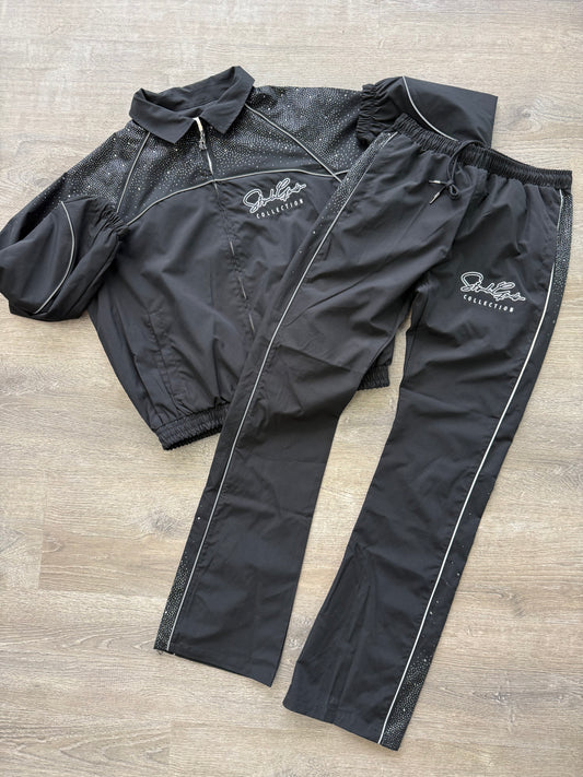 StyleGods Zip up Rhinestone Stacked Nylon tracksuit - Black