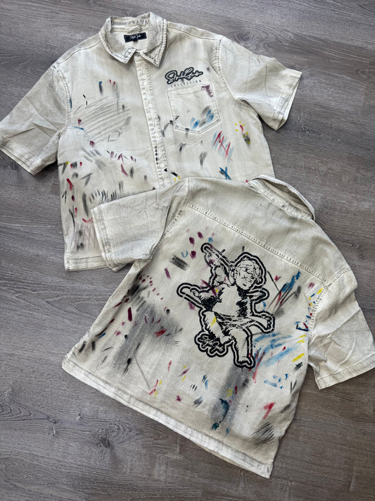 StyleGods Denim Crop Button UP - Off White\Multi