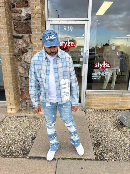 StyleGods Flannel Crop Shirt - Navy\White\Baby Blue