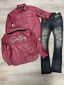StyleGods Leather Shirt -Maroon/Ivory/Black