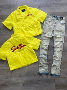 StyleGods Crop Puff Button up Shirt - Yellow\Purple\Pink