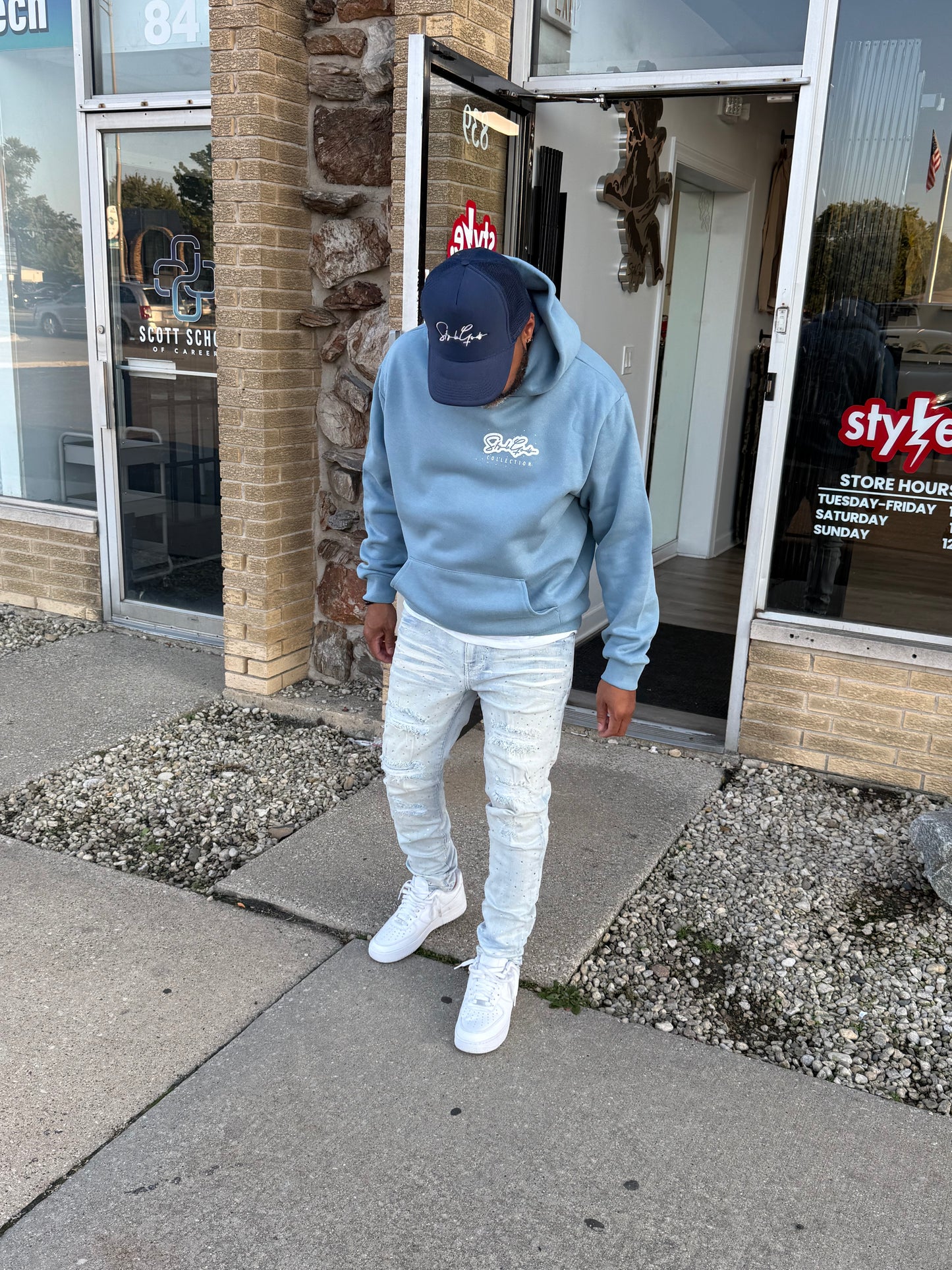 StyleGods Heart Oversized Hooded Rhinestone SweatShirt - Denim Blue\White