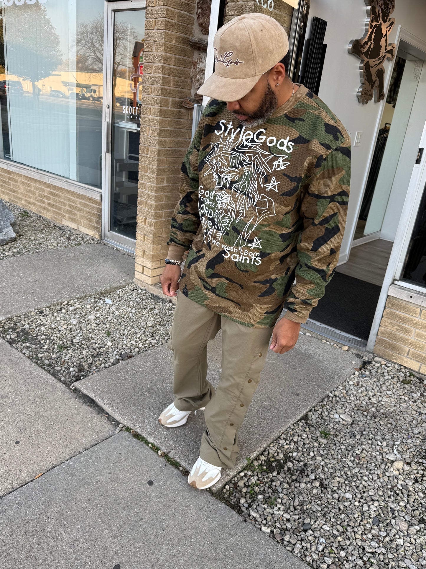 StyleGods Jesus Piece Crewneck Thermal Shirt- Camo