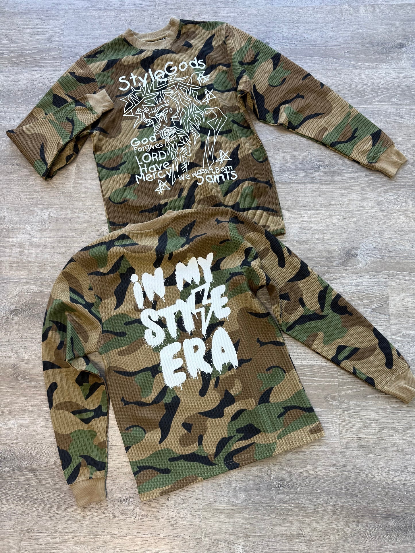 StyleGods Jesus Piece Crewneck Thermal Shirt- Camo