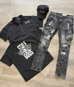 StyleGods Crop Zip up Shirt Signature Script- Black\White