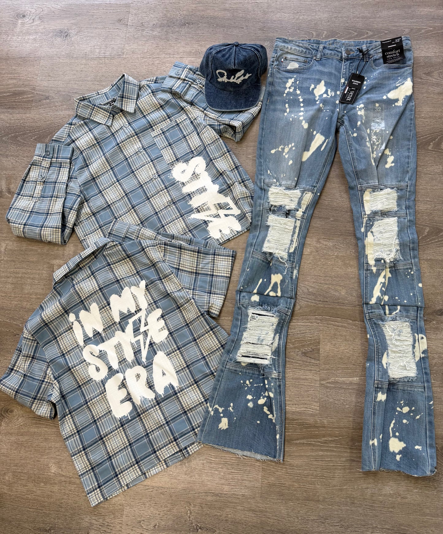 StyleGods Flannel Crop Shirt - Navy\White\Baby Blue