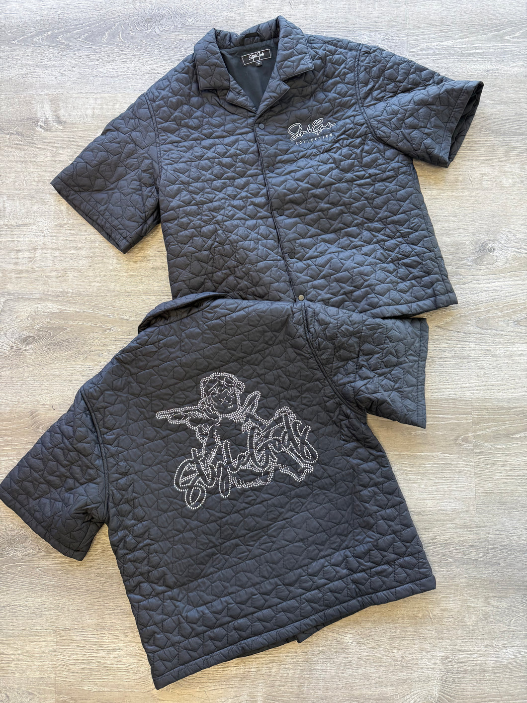 StyleGods Cropped Puff Button up Shirt - Black\Grey