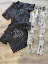 StyleGods Cropped Puff Button up Shirt - Black\Grey
